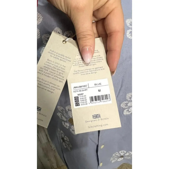 NWT Folk Mens Medium Blue Floral Embroidered Kota Short Sleeve Button-Down Shirt - Picture 2 of 6